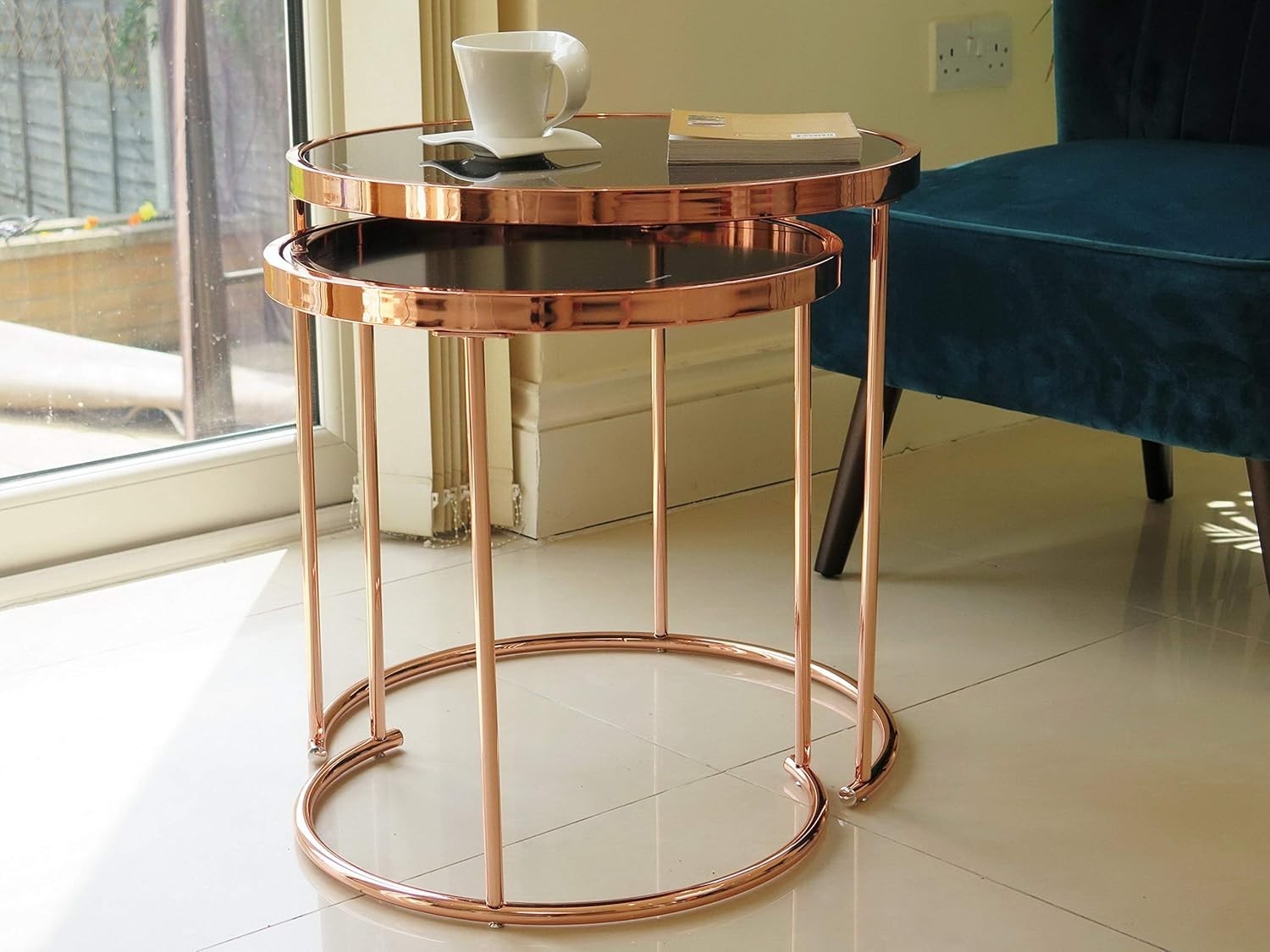 2x Modern Copper/Black Nesting End Tables Glass Top Side Coffee Set Round
