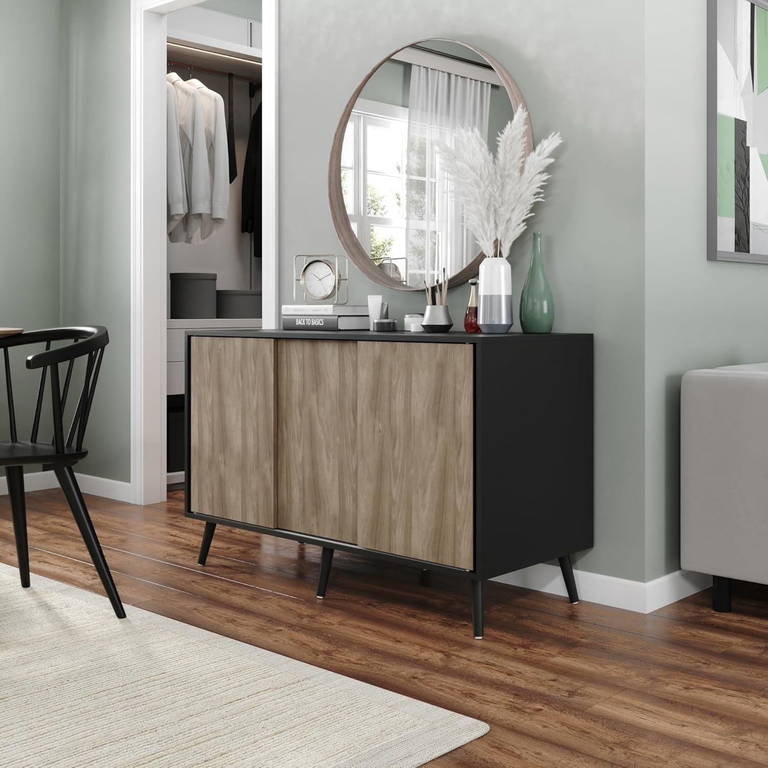3 Oak Door Sliding Sideboard Cabinet Wooden Black Leg Modern Storage Organizer