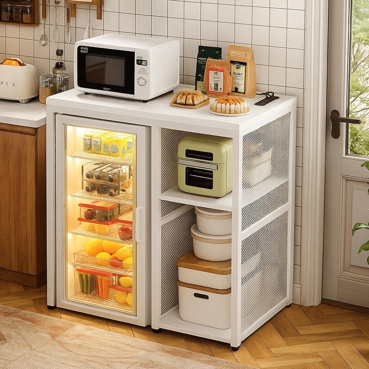 Mini Fridge Stand with Power Outlets Wine Bar Storage Cabinet White Industrial