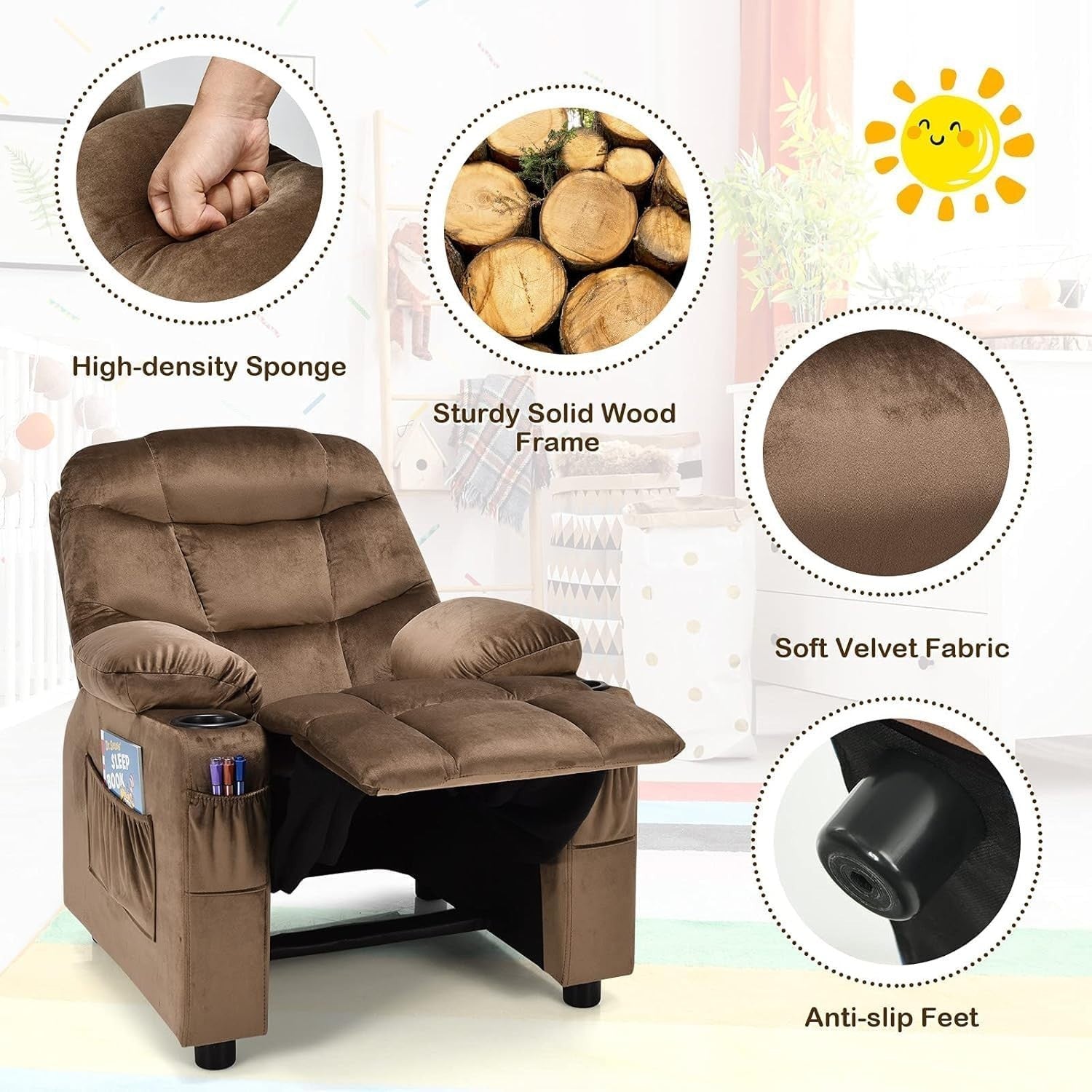 Adjustable Kids Recliner Chair Brown w/ Footrest, Velvet, Cup Holders & Storage
