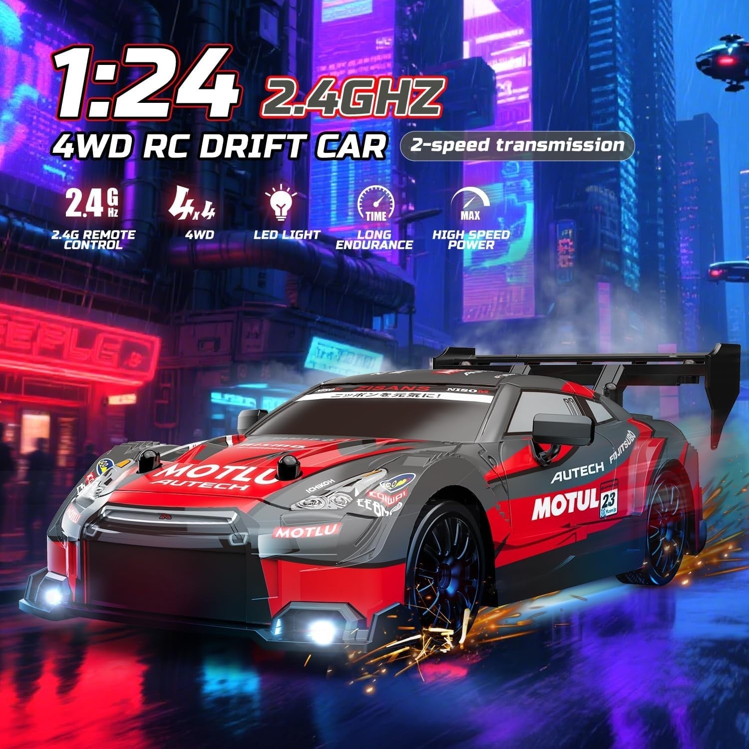 4WD RC Drift Car with Lights, 2 Shells, 2 Batteries & Cones – 40mins