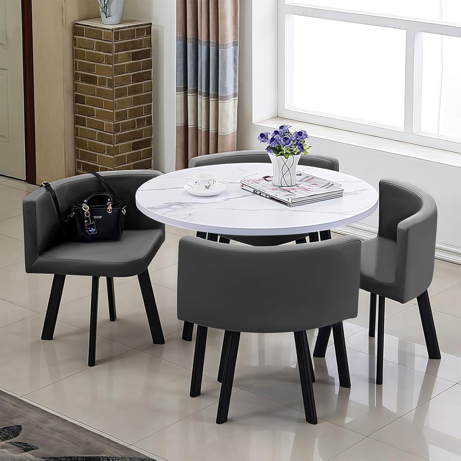 35.4" Round Faux Marble Dining Table Set with 4 PU Leather Chairs - Modern