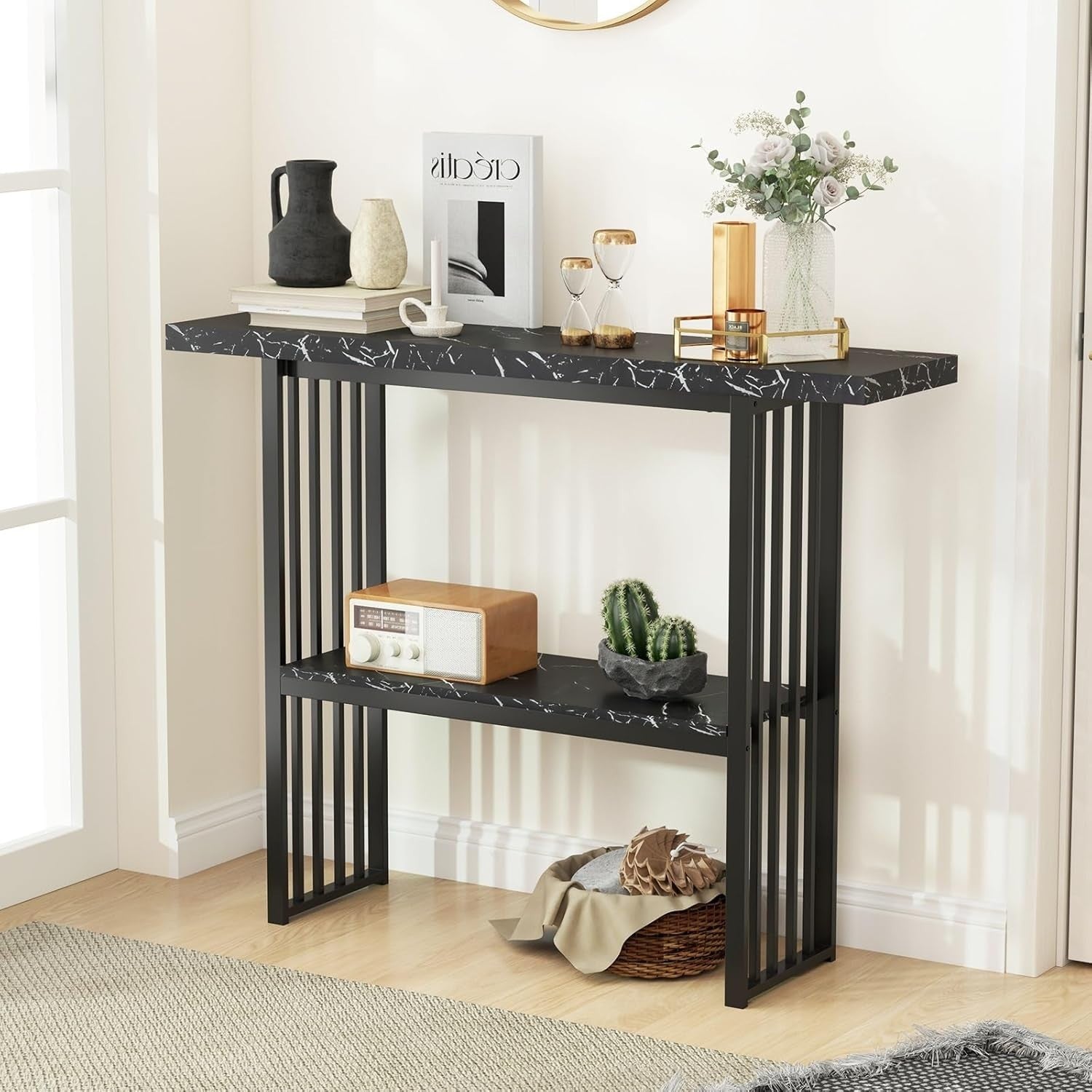 2-Tier Console Table Narrow Hallway Desk, Faux Marble, Black Metal Frame