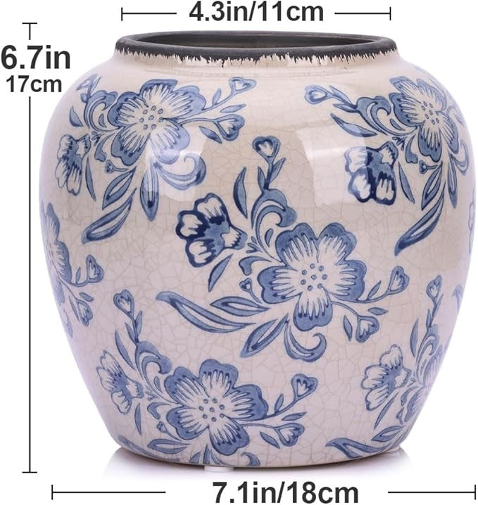 Blue White Floral Ceramic Vase Vintage Chinoiserie Table Centrepiece 17cm