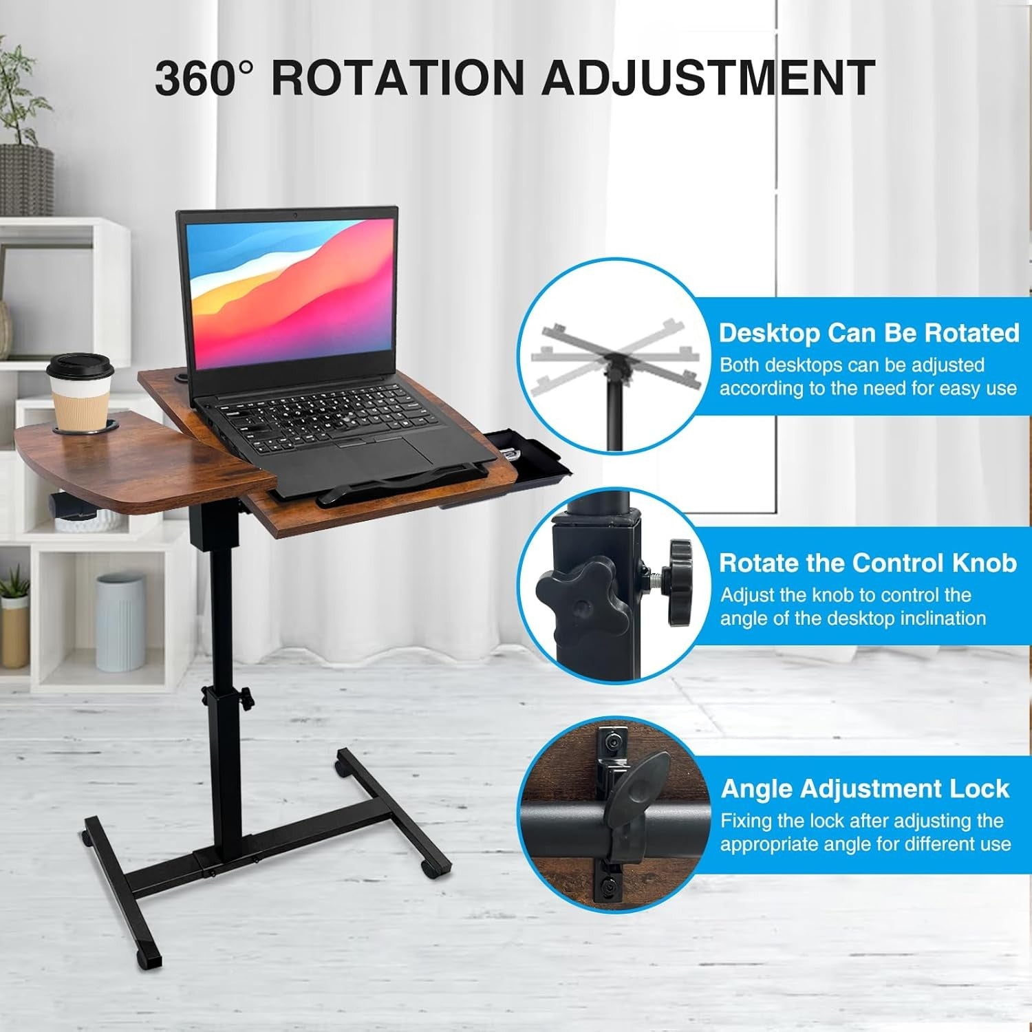 Overbed Table Laptop Desk Adjustable Height Rolling Bedside Stand with Tilt Top