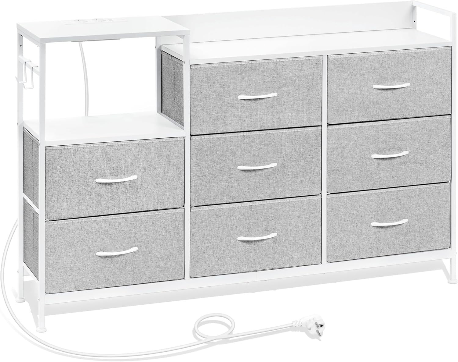 Fabric Storage 8 Chest Drawer  with USB Charging Ports Light Grey White Unit