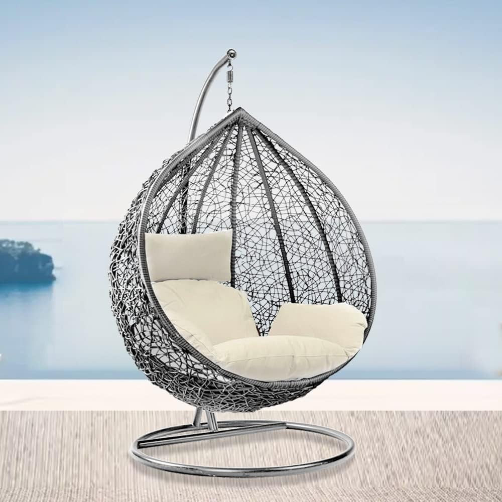 Grey Rattan Hanging Egg Chair with Stand | Outdoor Indoor Swing Seat Cushion