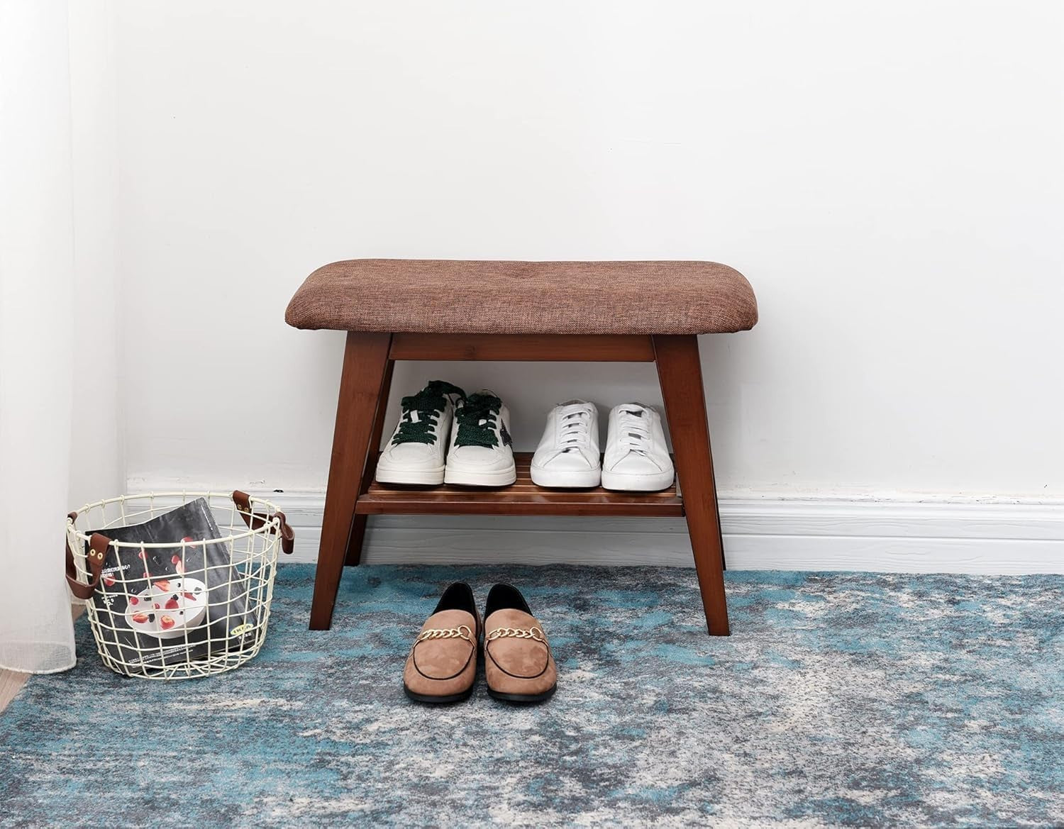 Durable Bamboo Shoe Bench with Cushion & 2-Tier Storage Rack 60cm Brown