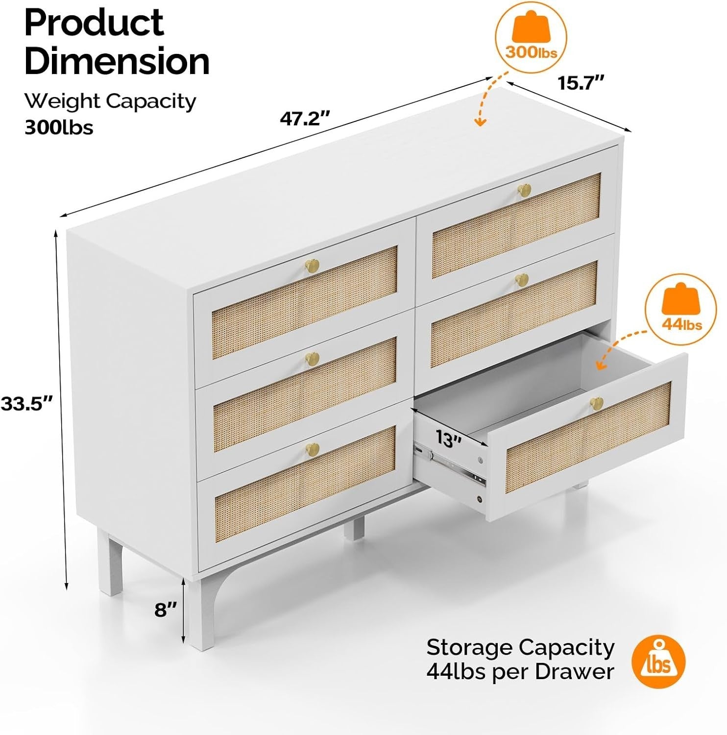 White 6 Drawer Rattan Chest – Sturdy Storage Cabinet for Bedroom & Living Room