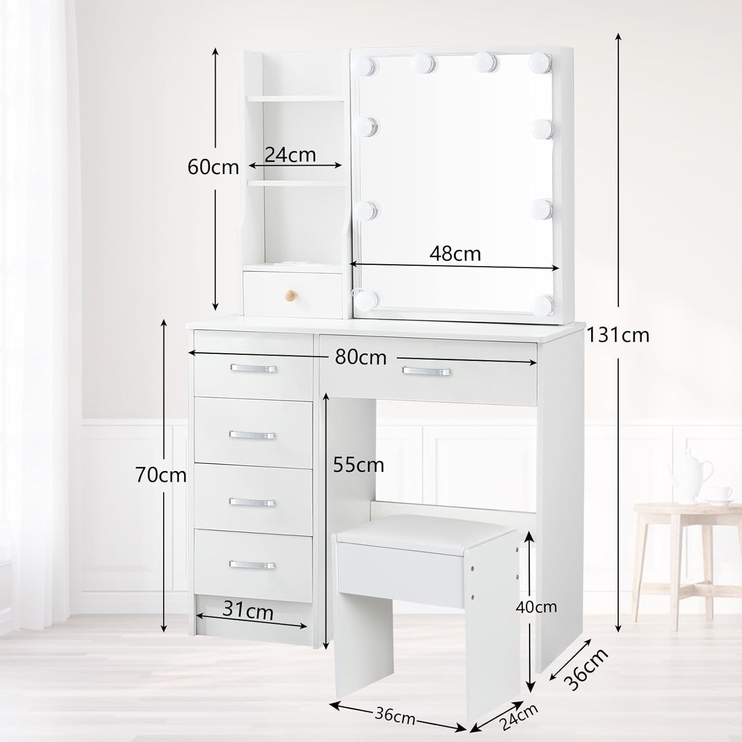 White Vanity Dressing Table w/ LED Mirror 6 Drawers Stool Makeup Desk
