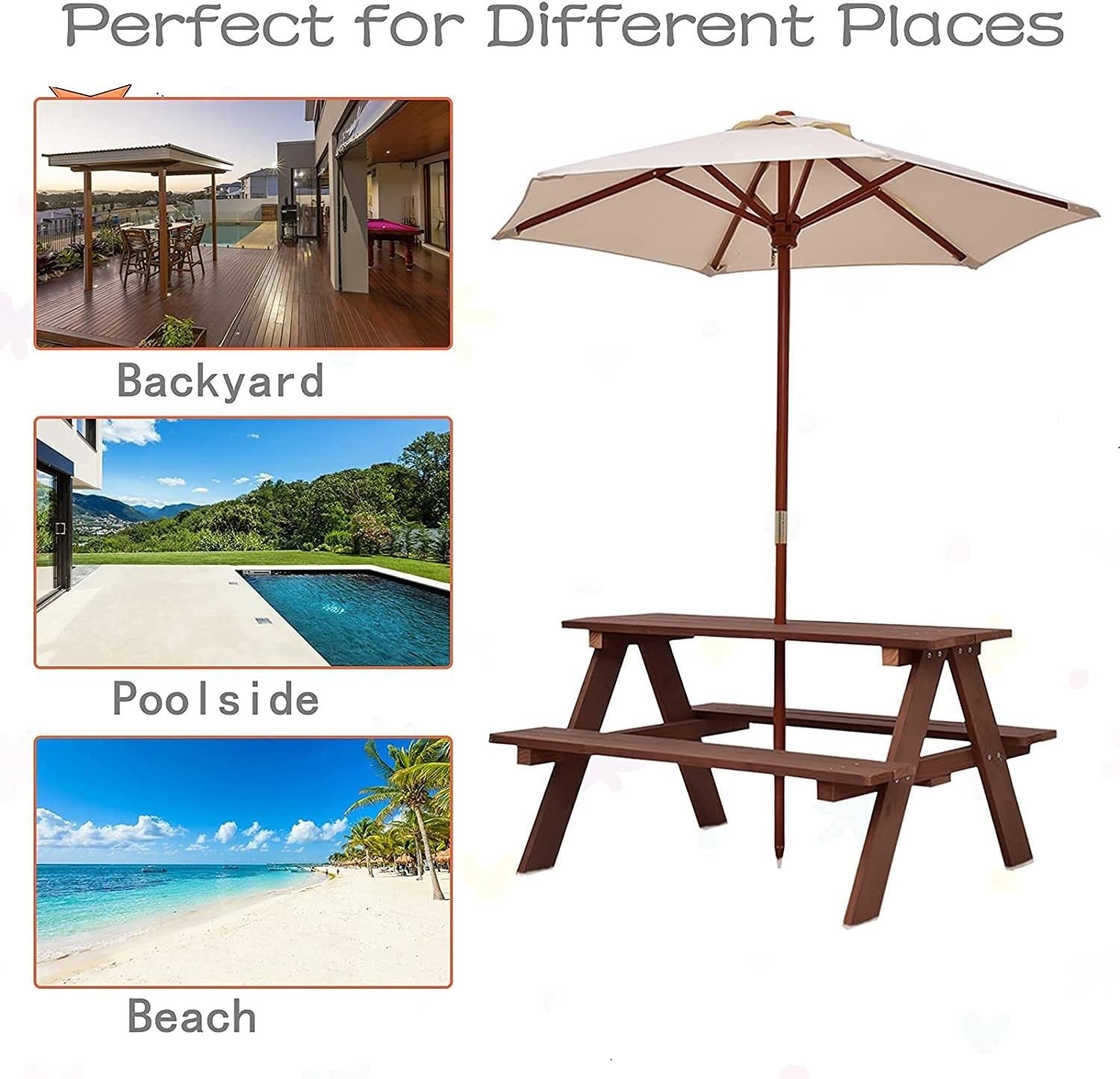 Kids Wooden Picnic Table with Removable Umbrella, Outdoor Bench Set