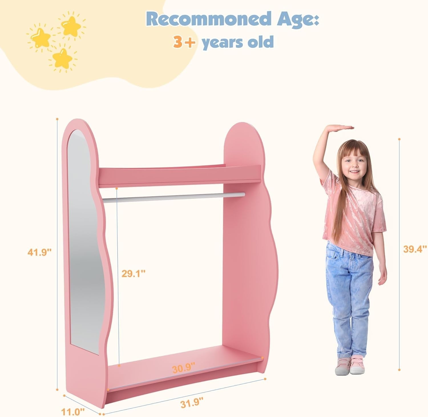 Kids Wardrobe with Mirror & Hanging Rail, No Drawer, Pink Cloud Design
