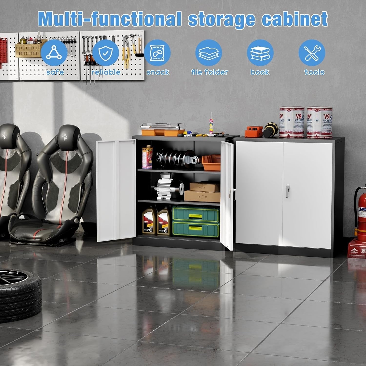 Black White Lockable Steel Cabinet 80x40x90cm Office Garage Storage