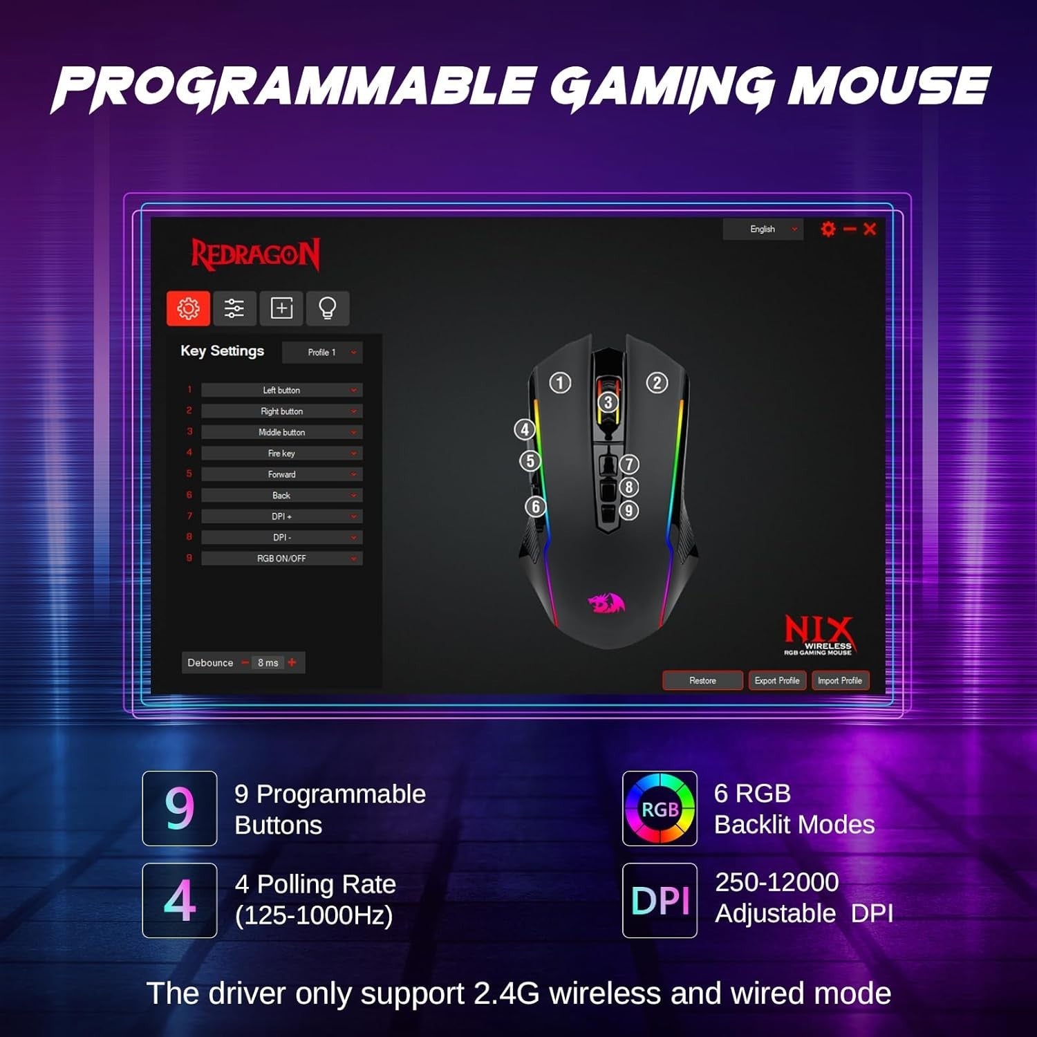 Wireless Gaming Mouse 12000 DPI RGB 9 Buttons Tri-Mode Rechargeable