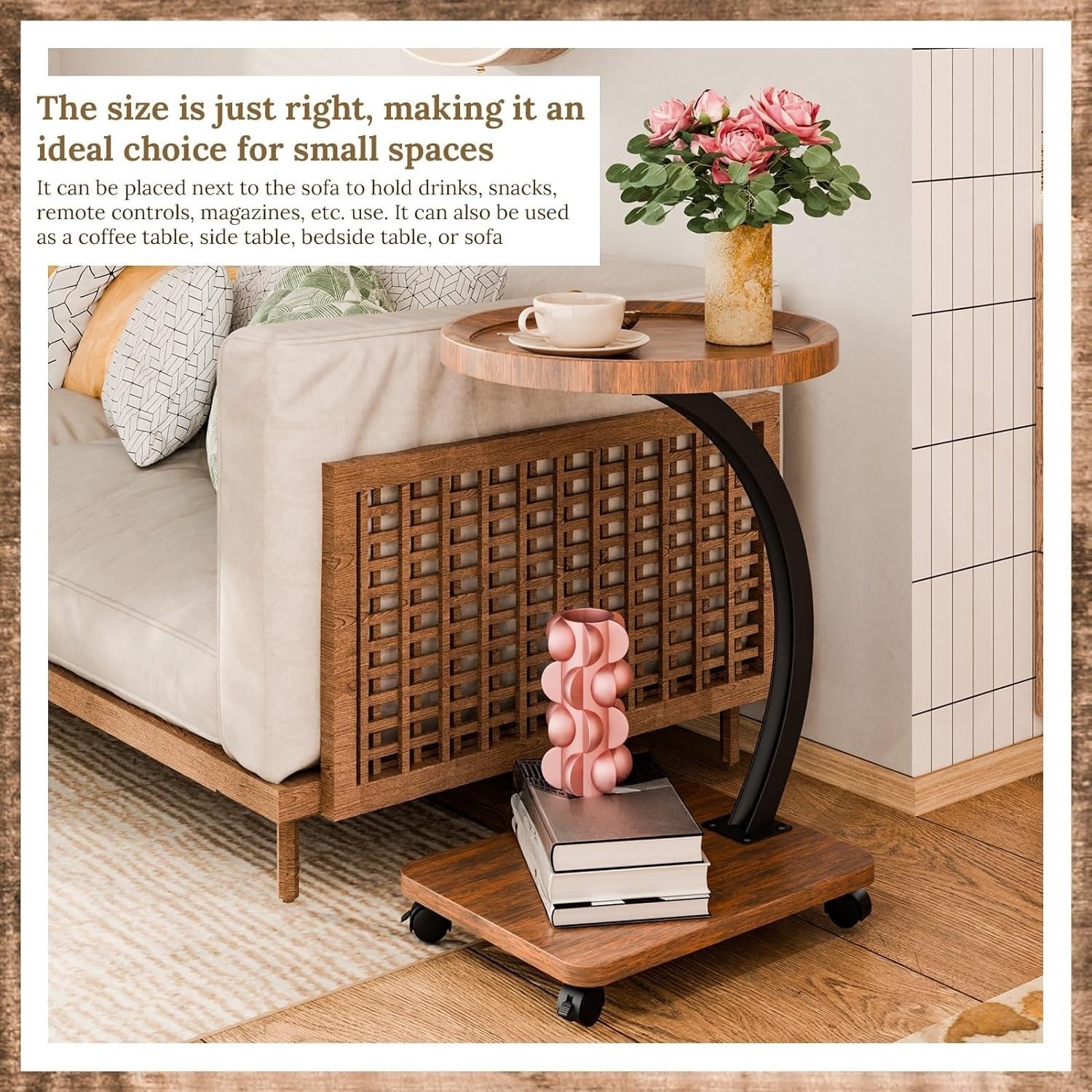 2-Tier C-Shaped Round Side Table with Casters Modern Small Sofa Desk