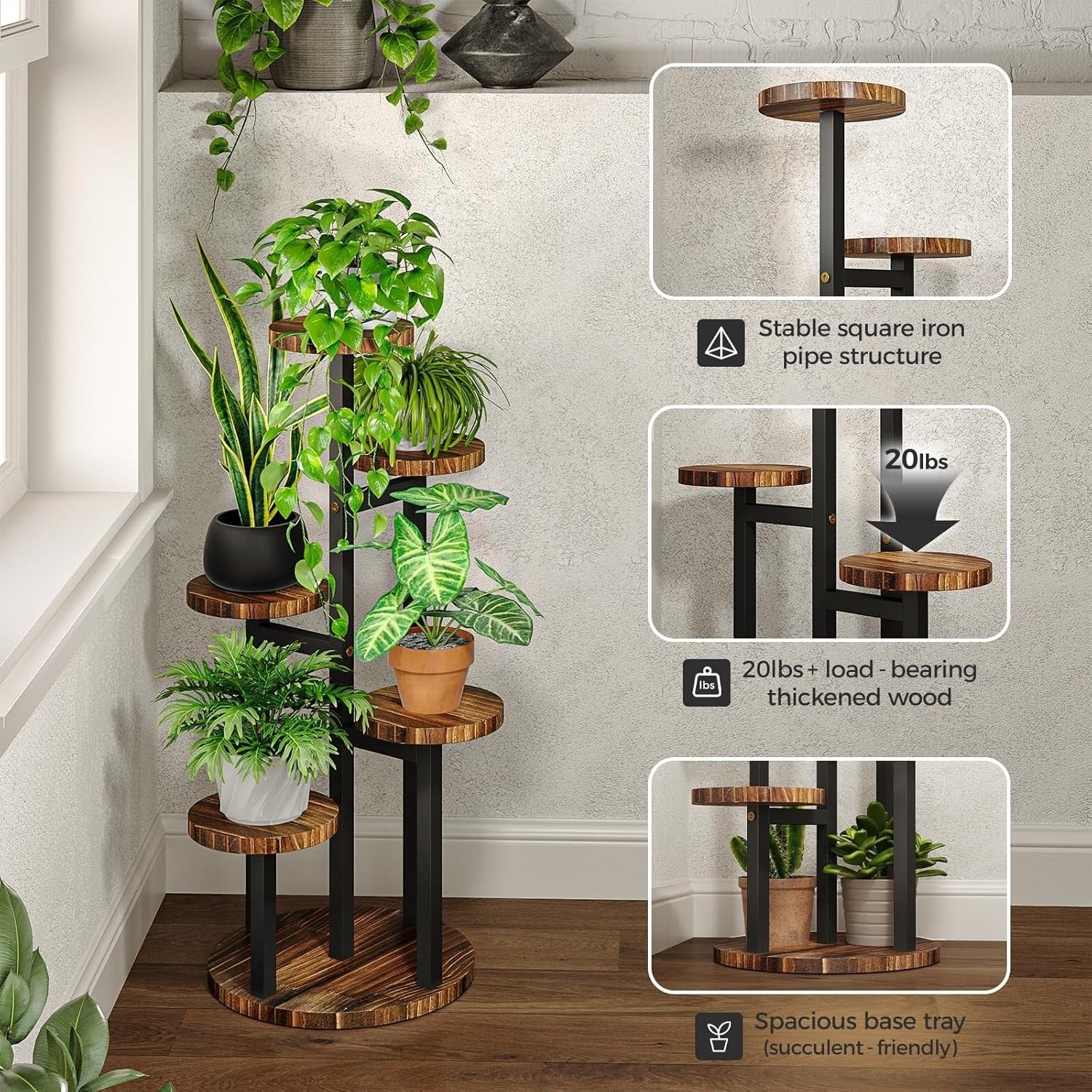 5-Tier Metal Wood Plant Stand, Corner Shelf for Indoor Outdoor Garden Decor