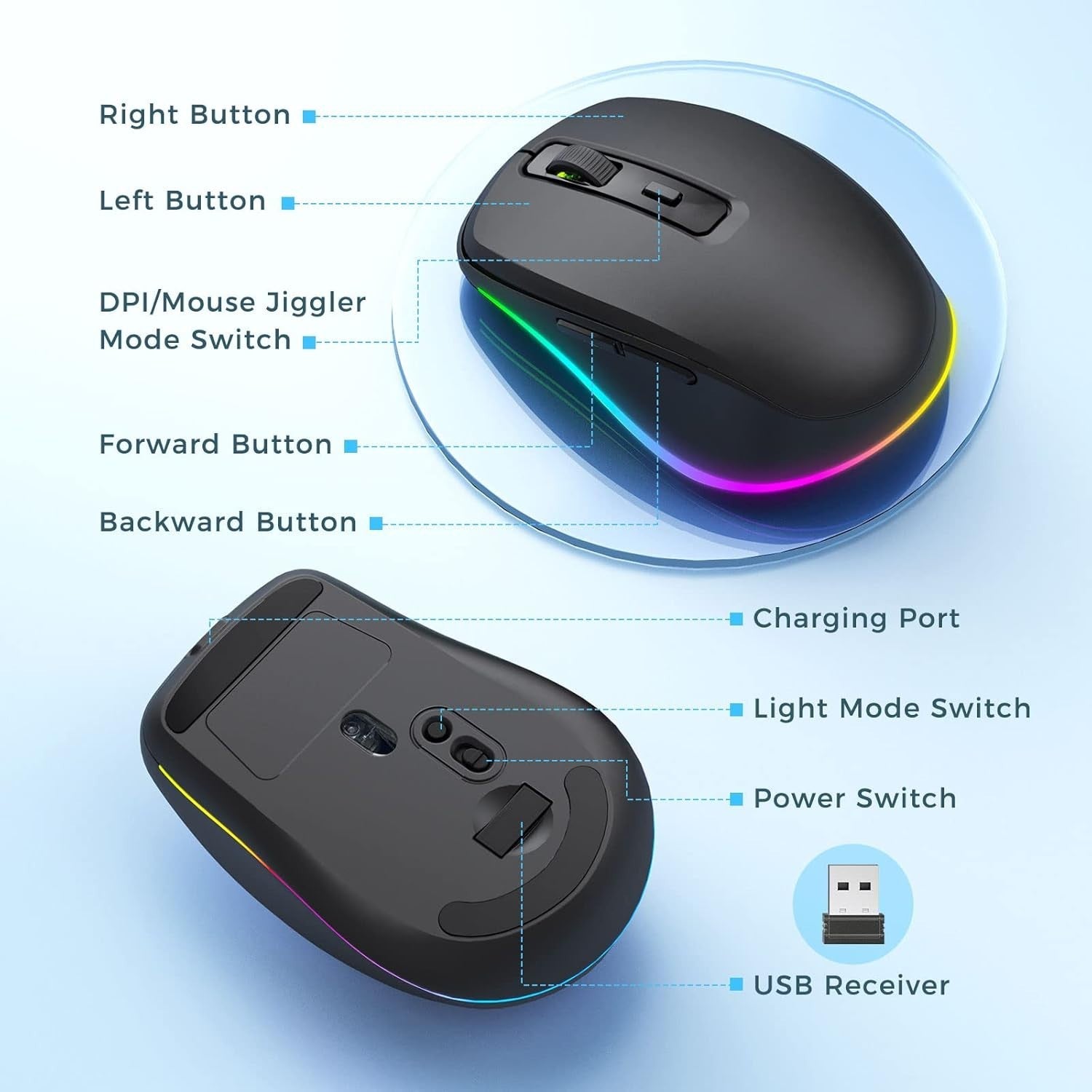 Black RGB Wireless Mouse Rechargeable Silent USB Jiggler