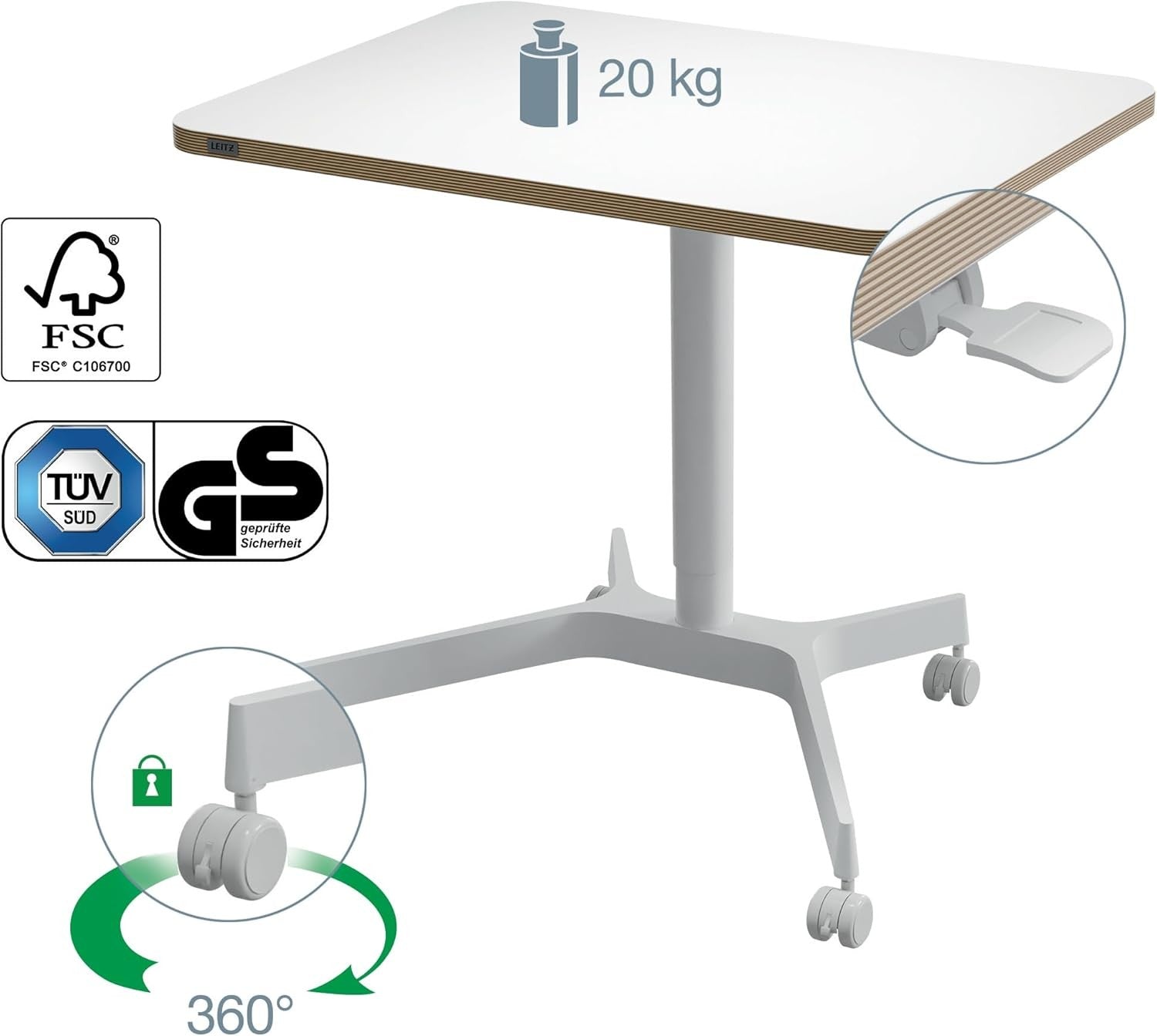Pneumatic Sit Stand Desk Mobile Height Adjustable Standing Desk Wheels 80x60cm