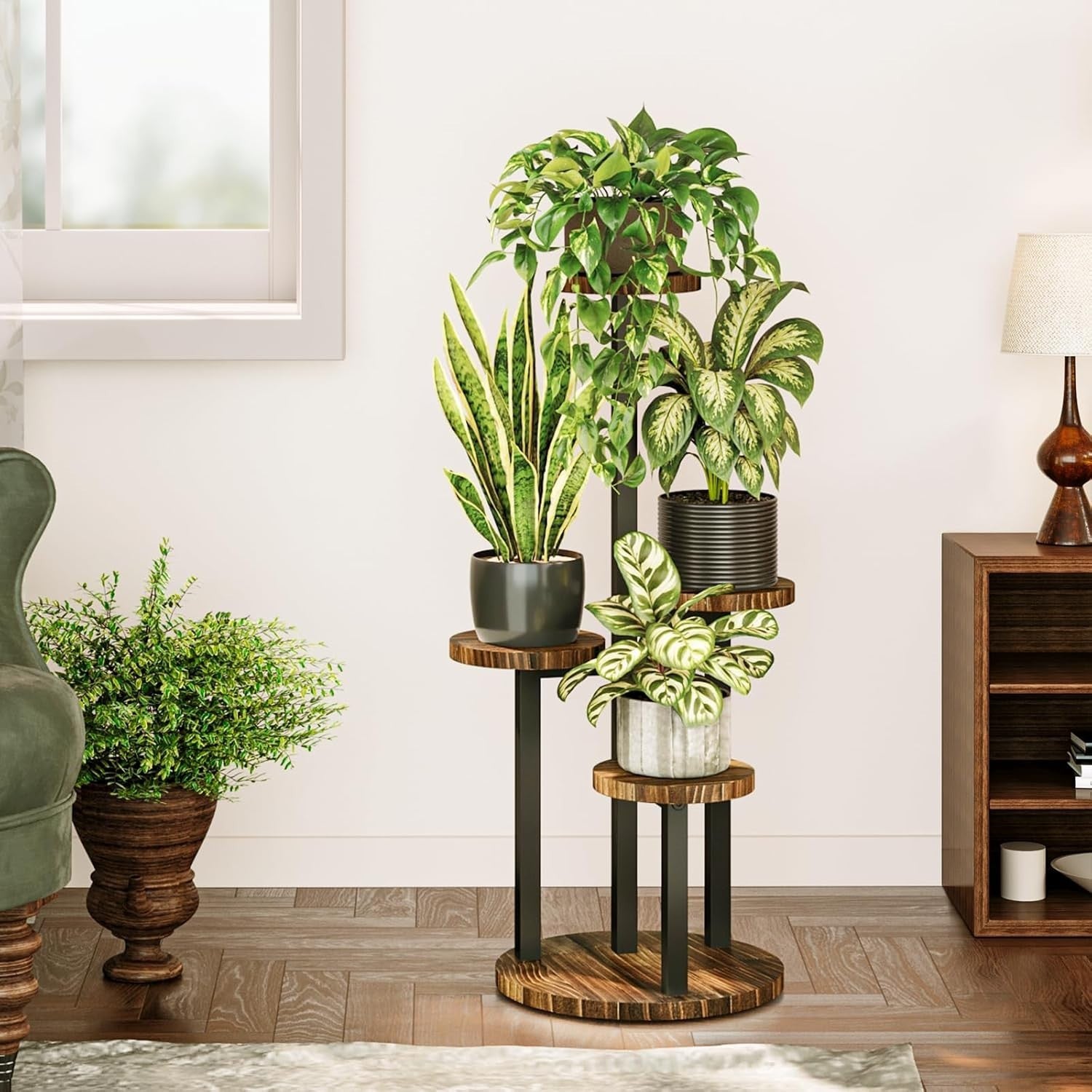 4-Tier Metal Wood Plant Stand, Corner Indoor Plant Shelf for Home & Balcony