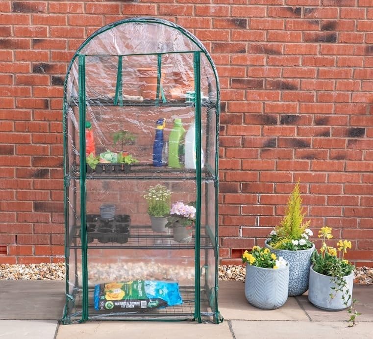 4 Tier Mini Greenhouse with Clear PVC Cover | Compact Outdoor Plant Shelving