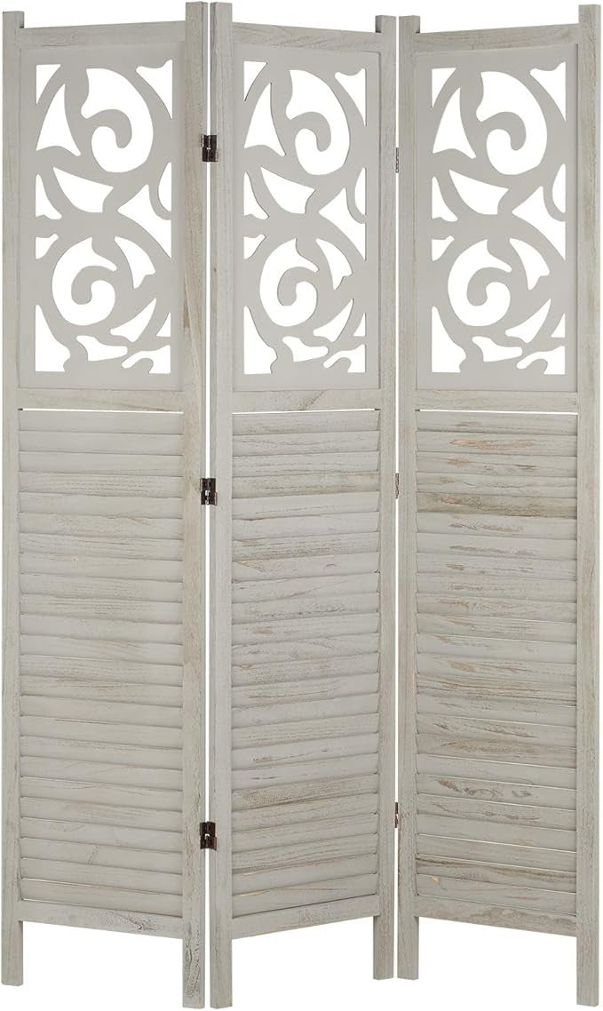 Grey Wooden Room Divider 3 Panel Folding Screen – Rustic Privacy Partition Decor