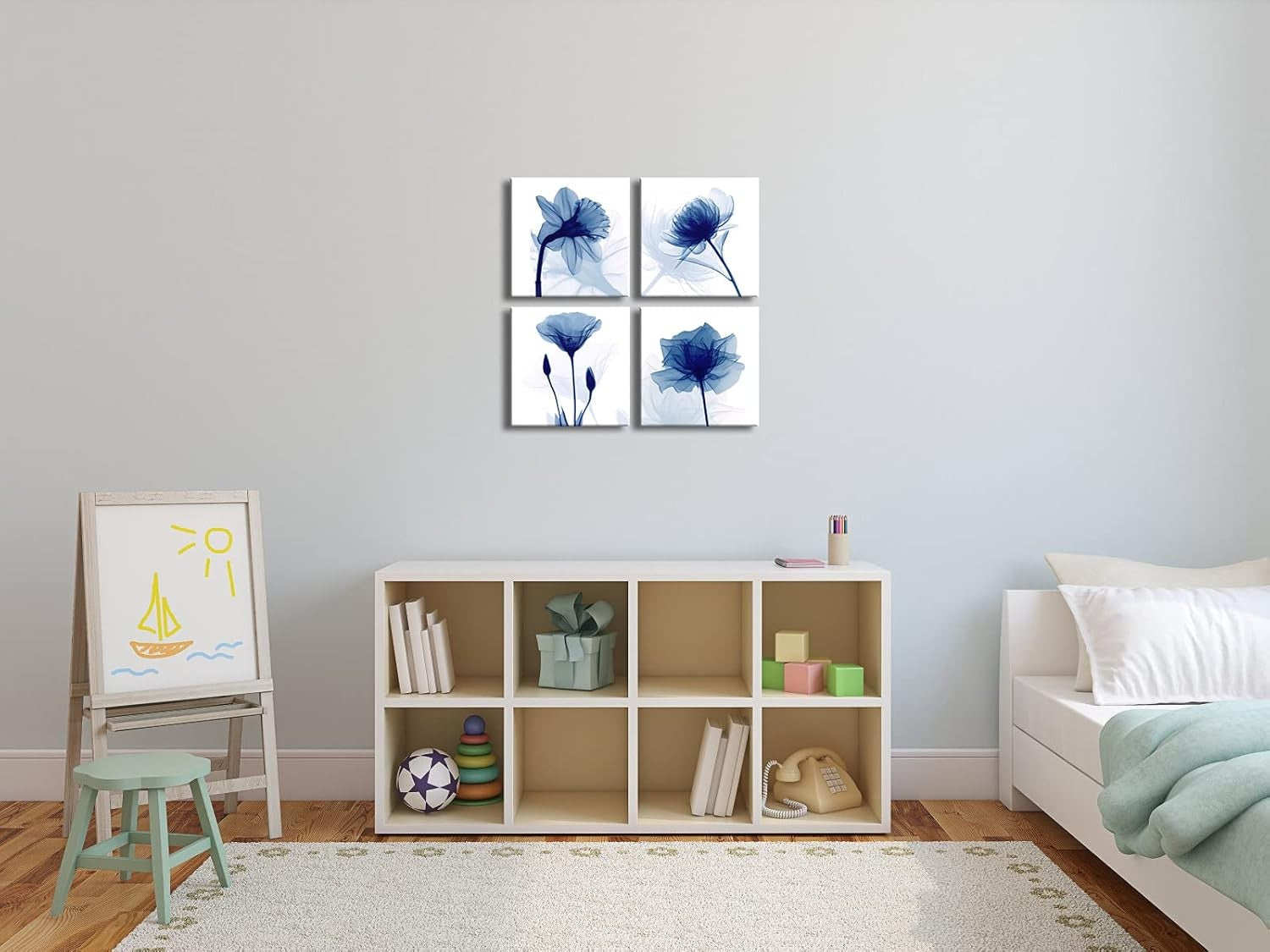 Blue Abstract Flower Canvas Wall Art Set Modern Floral Bedroom Office Decor