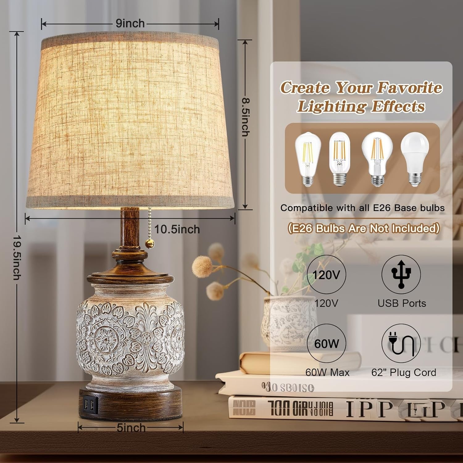 Farmhouse Rustic Table Lamps Set of 2 with USB Ports for Bedroom Living