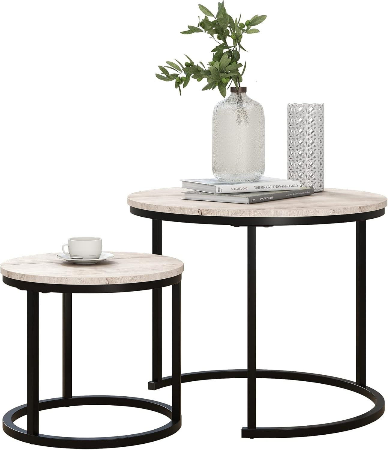 Nested Round Coffee Table Set of 2, Natural Oak Wood Finish, Space Saving Side E