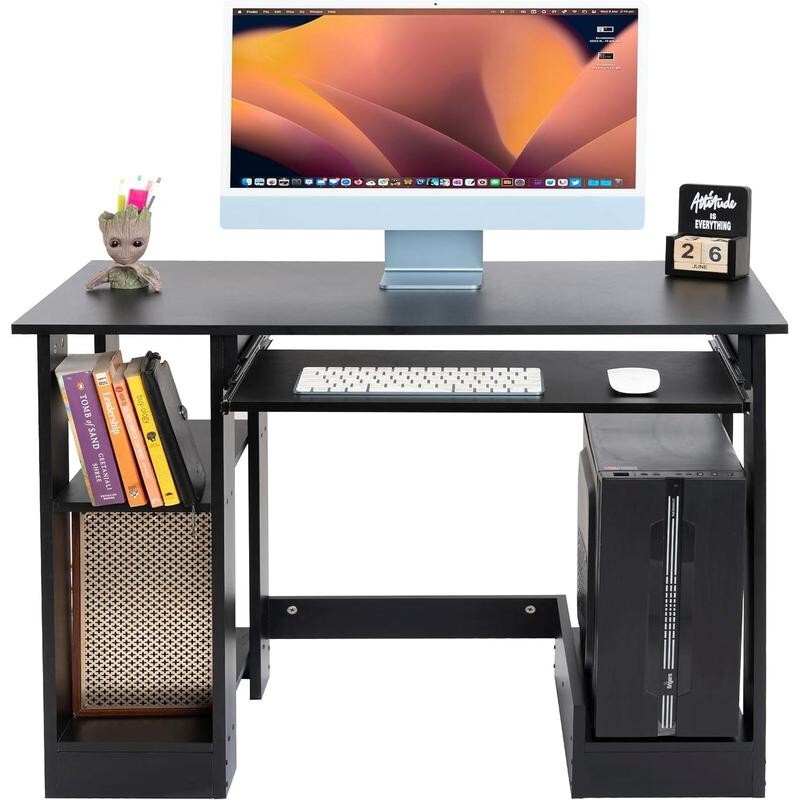 Compact Black Office Desk 90cm with Keyboard Tray & Shelves for PC Laptop