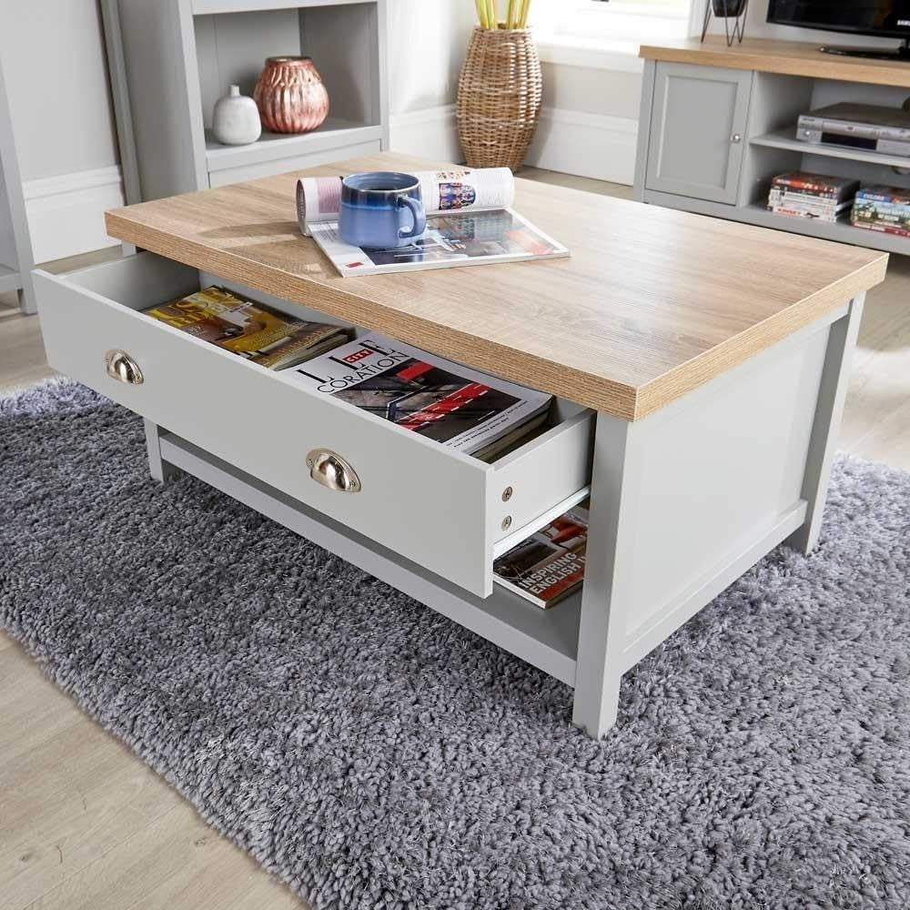 Modern Grey Coffee Table 2 Drawers Oak Effect 90x58x45cm Durable Storage