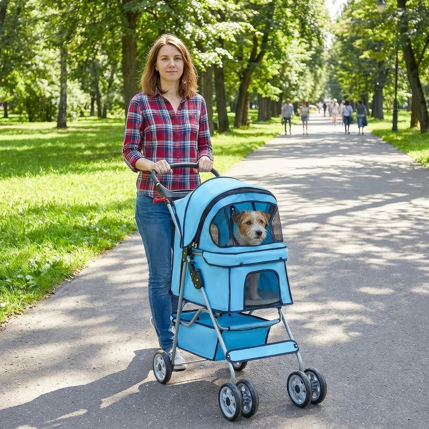 Pet Stroller Dog Cat Pushchair 4 Wheel Foldable Travel Carrier Mesh Blue