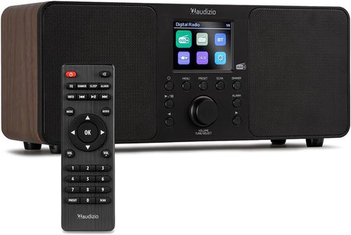 DAB Digital Radio Bluetooth 50W Stereo USB Dual Alarm Remote Wood