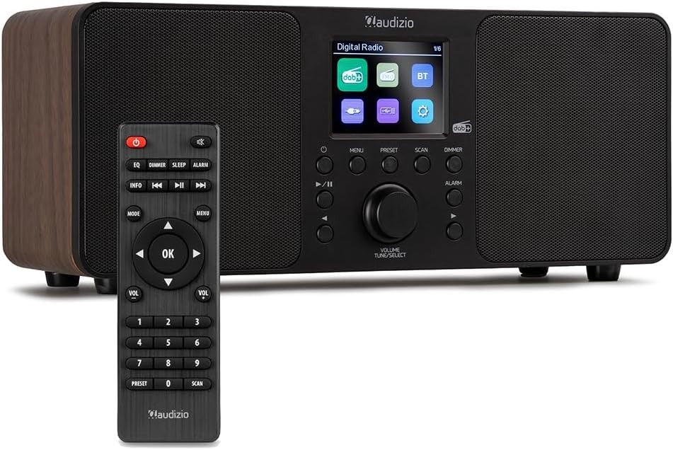 DAB Digital Radio Bluetooth 50W Stereo USB Dual Alarm Remote Wood