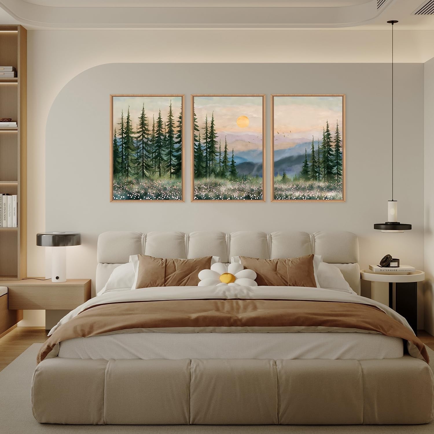 Boho Sunset Forest Framed Canvas Wall Art Set 3 Green Pine Mountain Decor