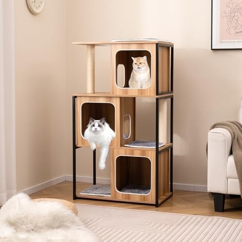 Modern Cat Tree Tower with Condos, Scratching Posts & Plush Cushions