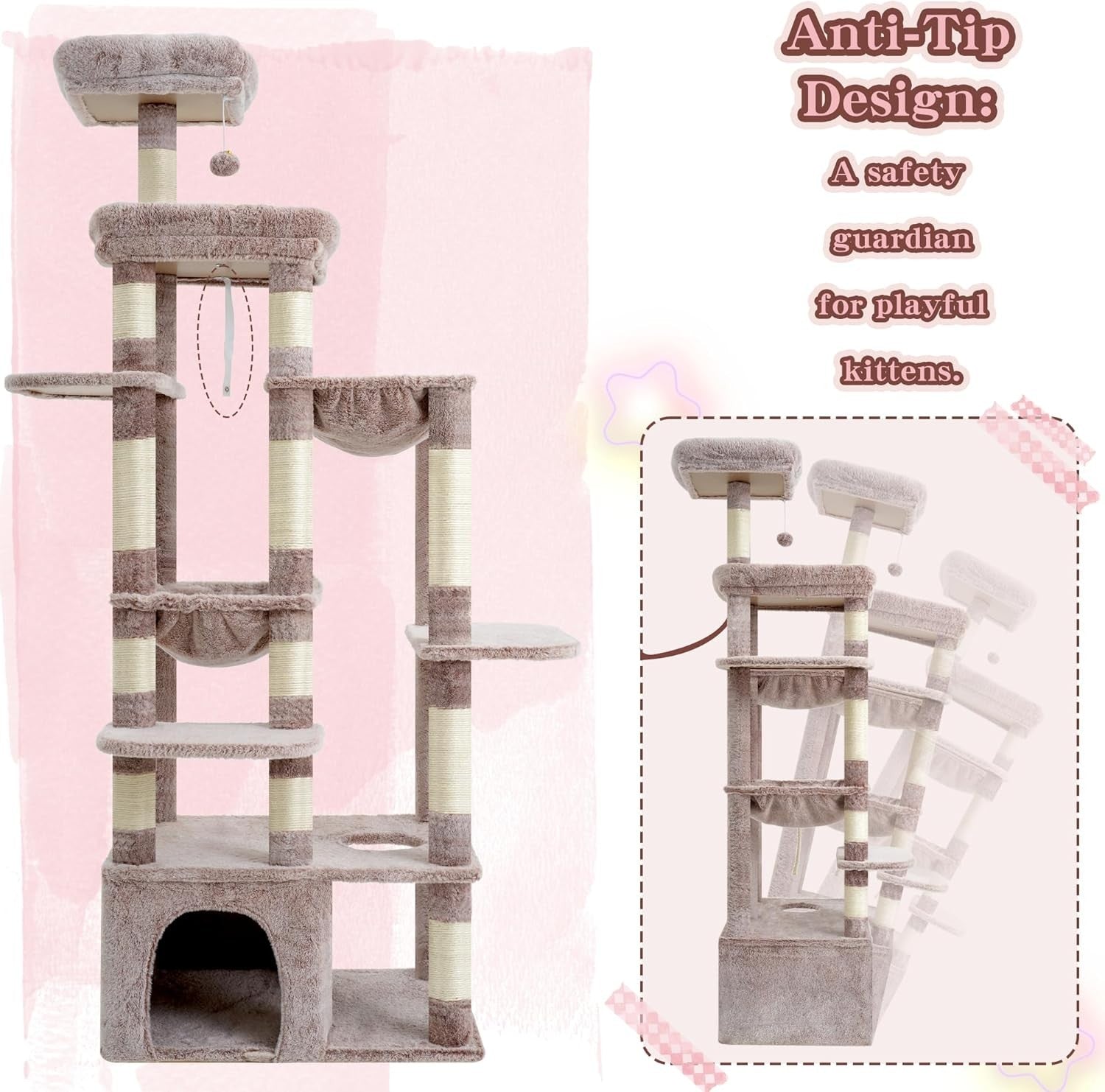 71 Inch Tall Cat Tree Mushroom Beige Large Cats Condo Tower with Hammocks