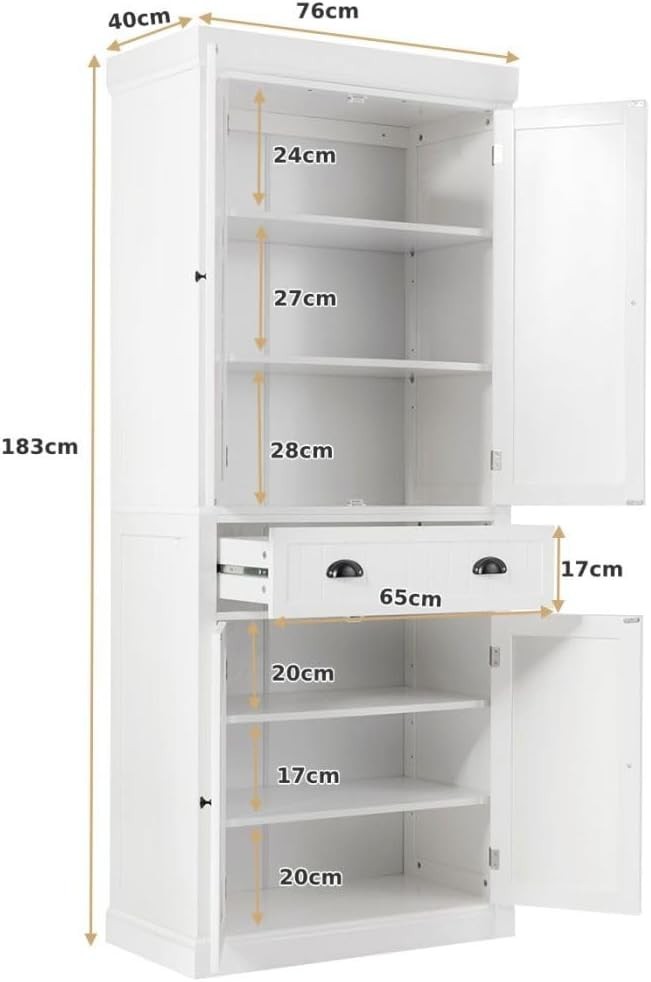 White Tall Kitchen Cupboard 4-Door Pantry Cabinet Drawer 183cm