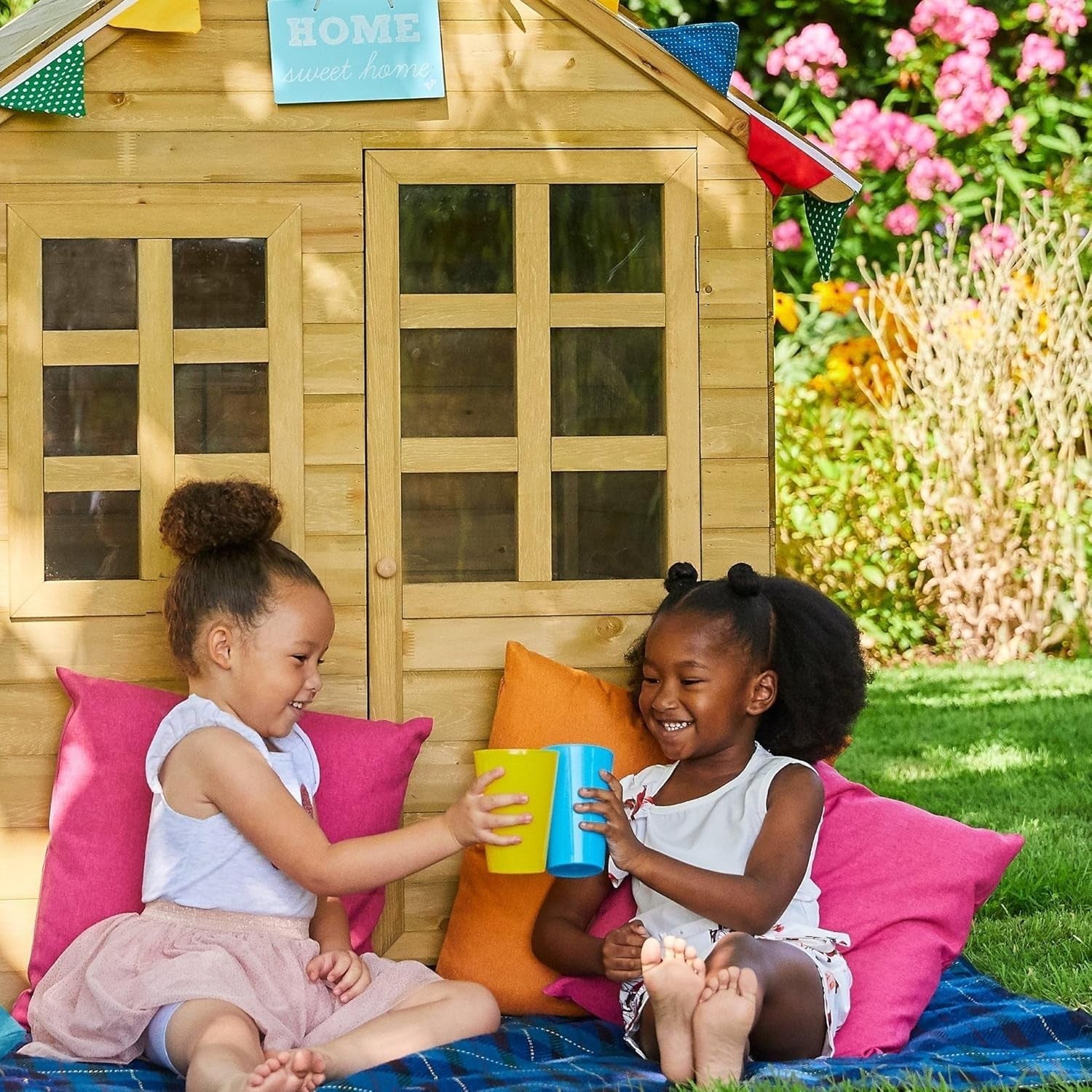 Wooden Kids Playhouse Outdoor Cottage w Mud Kitchen Shutters Garden