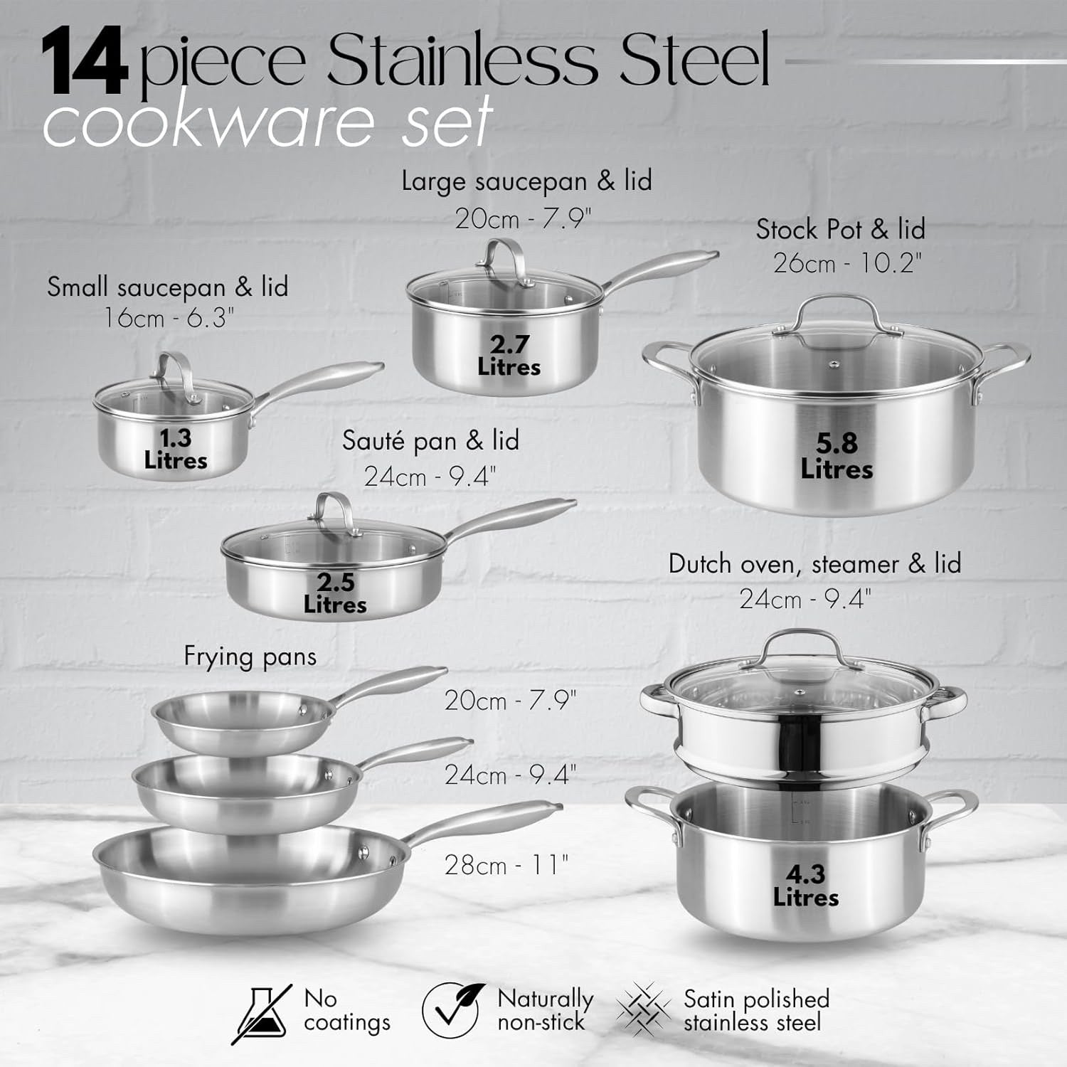 14pcs Stainless Steel Cookware Set Induction Pots Pans with Glass Lids Non Toxic
