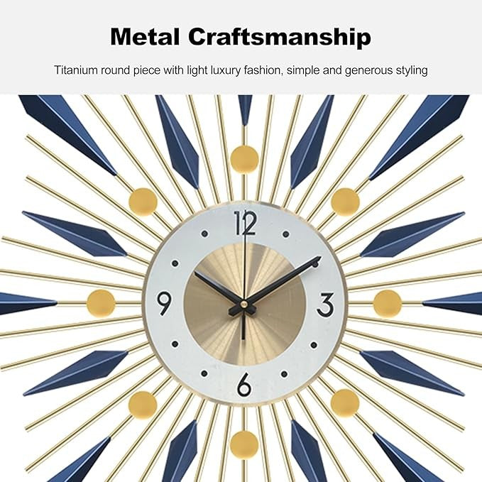 60cm Large Sunburst Wall Clock Modern Silent Metal Blue Gold Home Decor