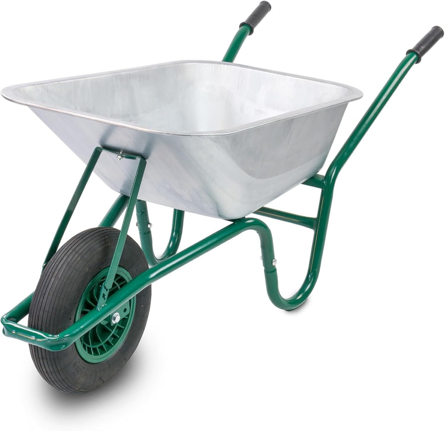 85L Wheelbarrow Green – Galvanised Steel w/ Pneumatic Tyre Heavy Duty Garden