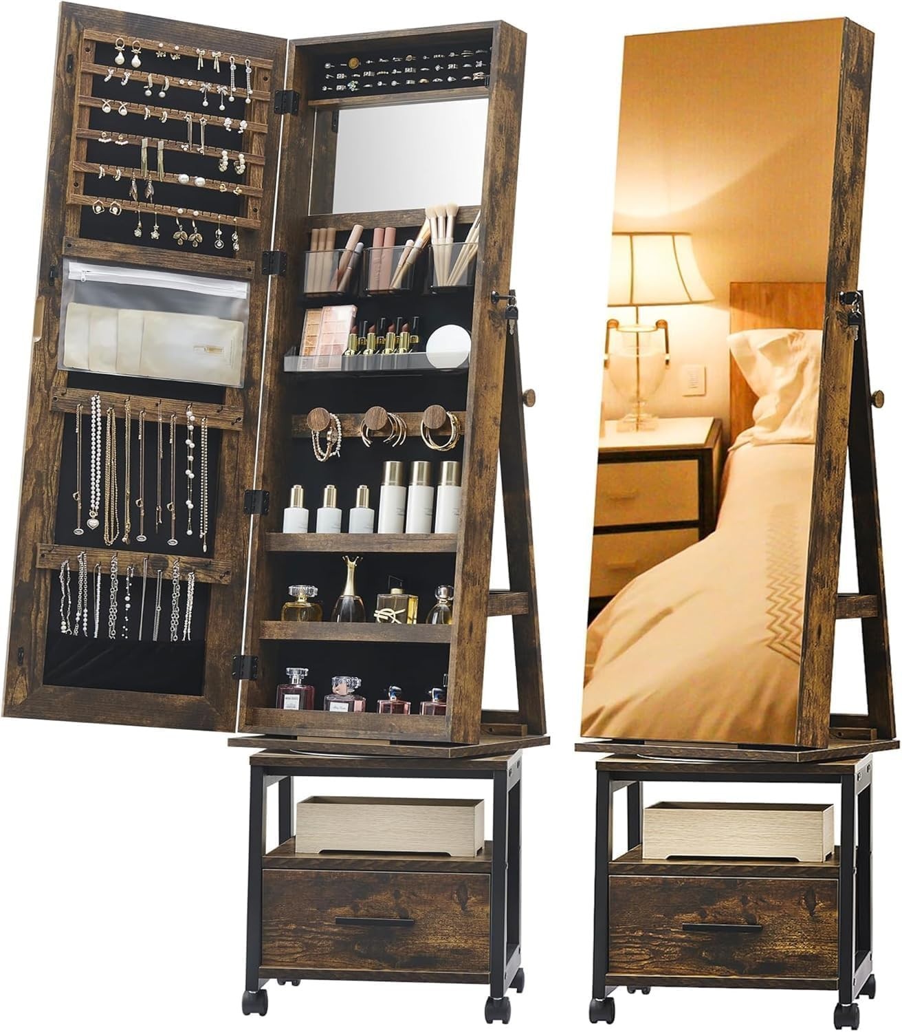 Rustic Brown 4 in 1 Rotating Jewellery Cabinet Full Length Mirror