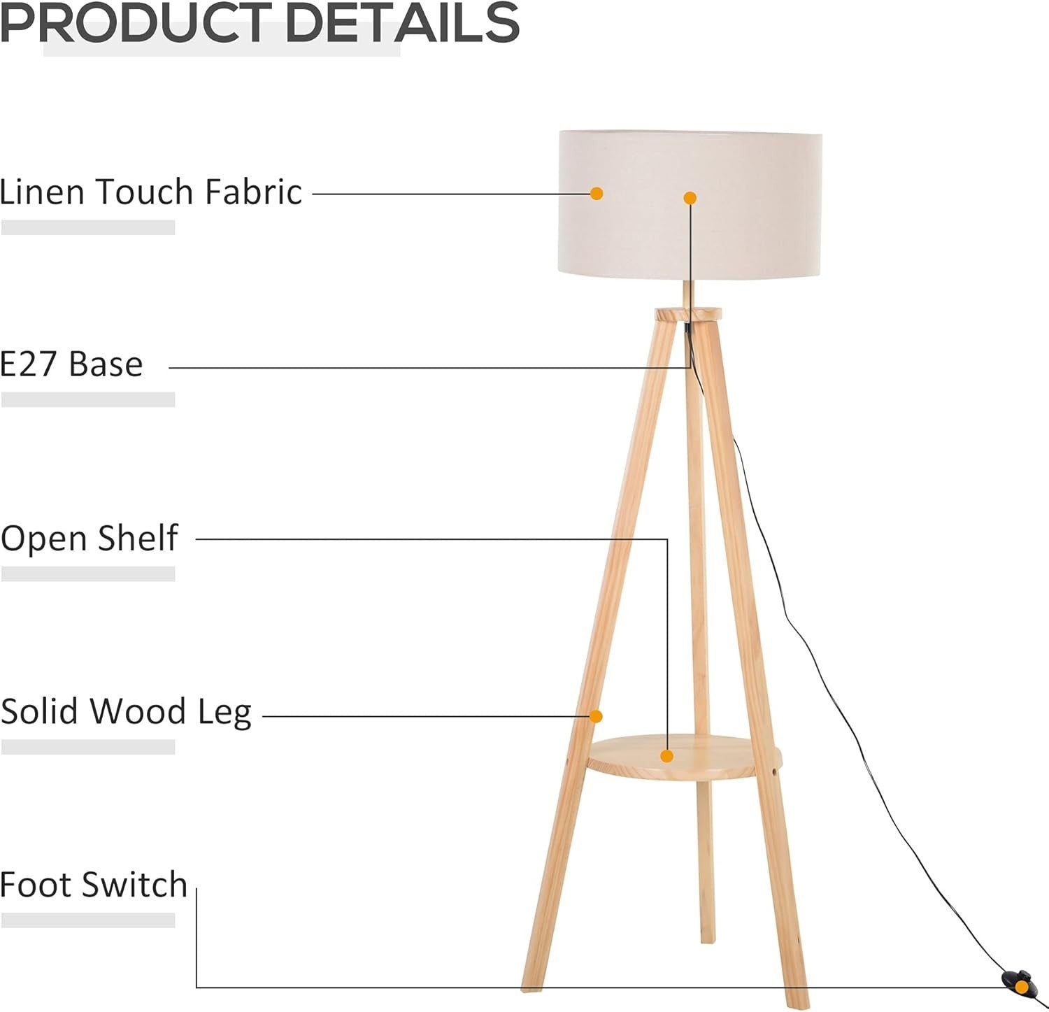Tripod Floor Lamp with Linen Shade & Storage Shelf – Warm Reading Light