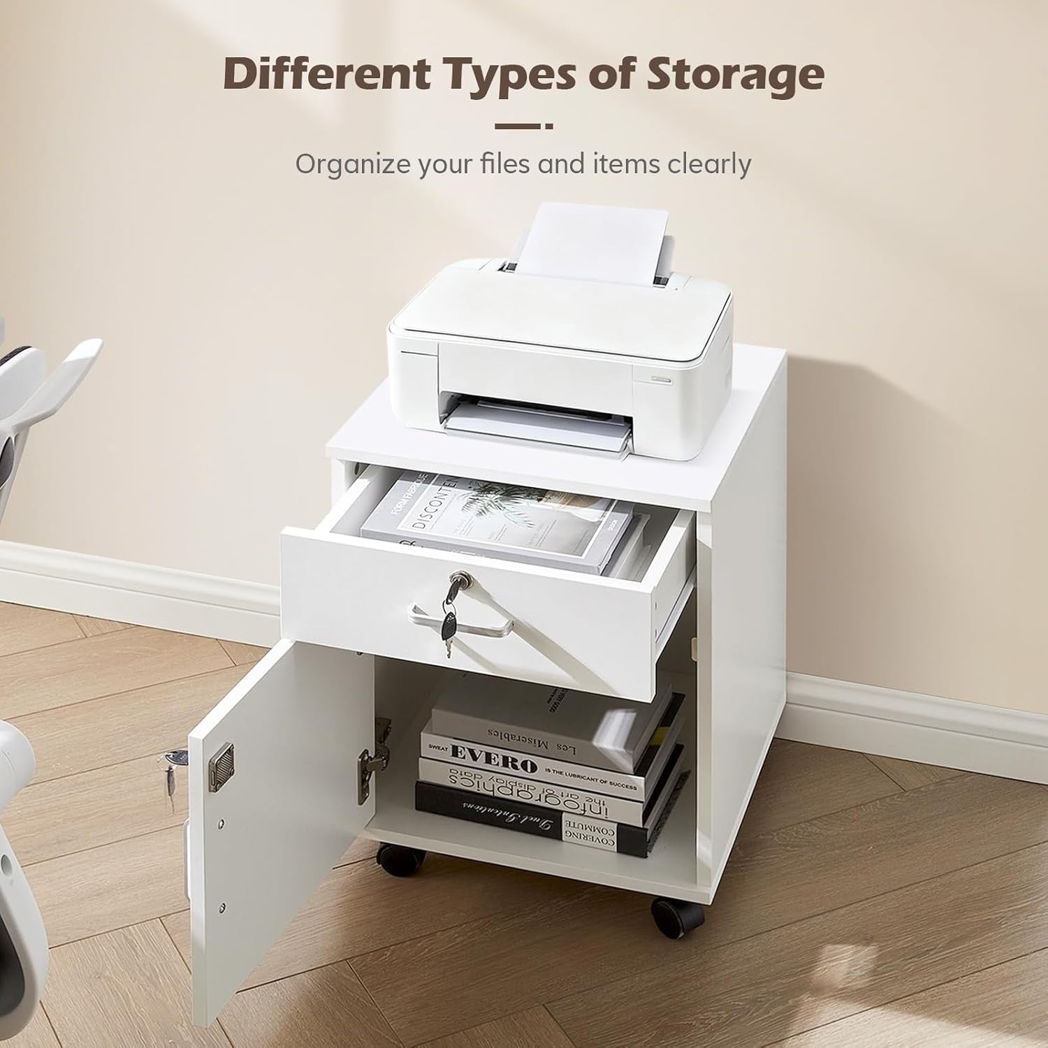 White Mobile File Cabinet 40cm Lockable Under Desk Office Storage