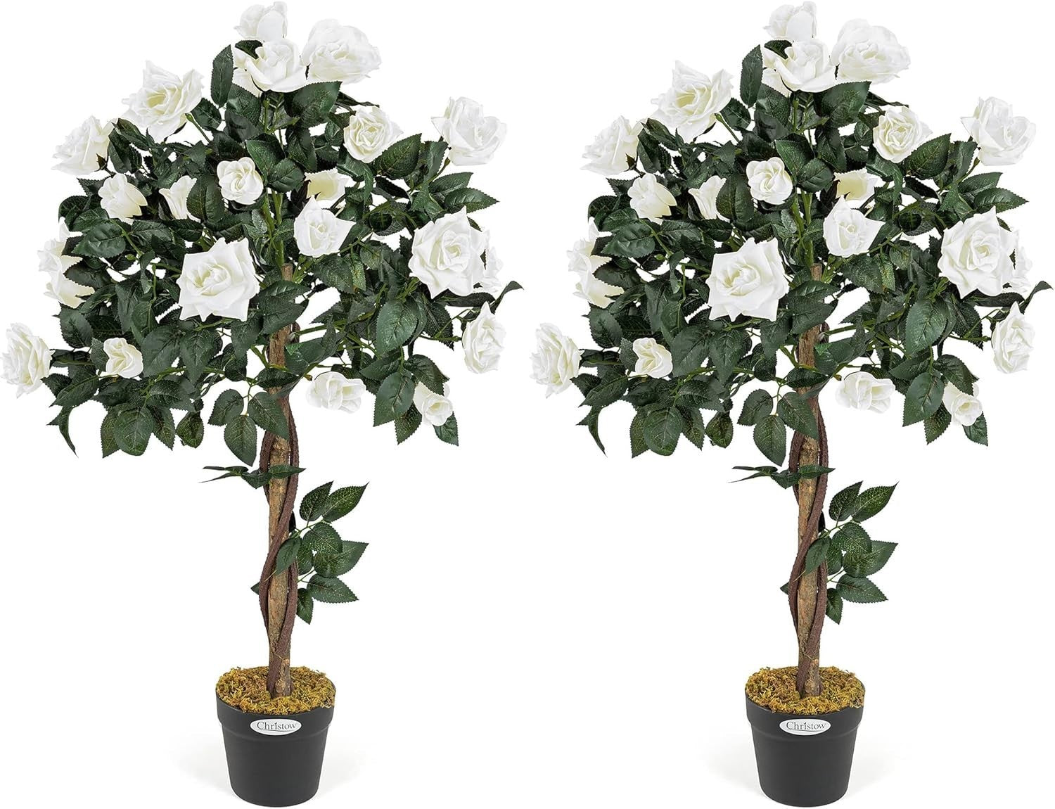 3ft Artificial Cream Rose Trees 2-Pack Twisted Trunk Potted Indoor Outdoor Decor