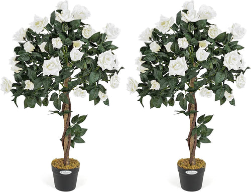 3ft Artificial Cream Rose Trees 2-Pack Twisted Trunk Potted Indoor Outdoor Decor