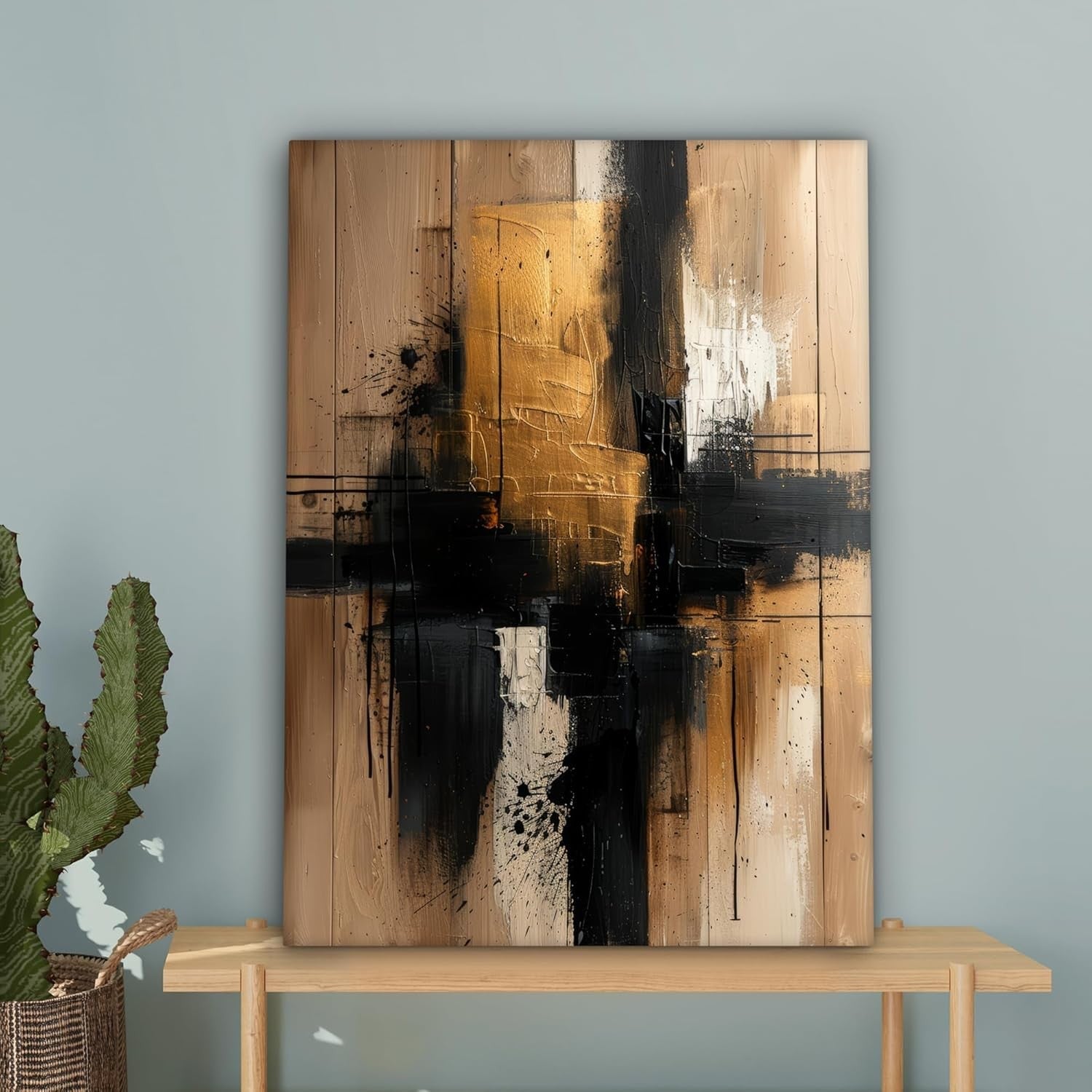 Gold Black Abstract Canvas Wall Art 50x70cm Framed Modern