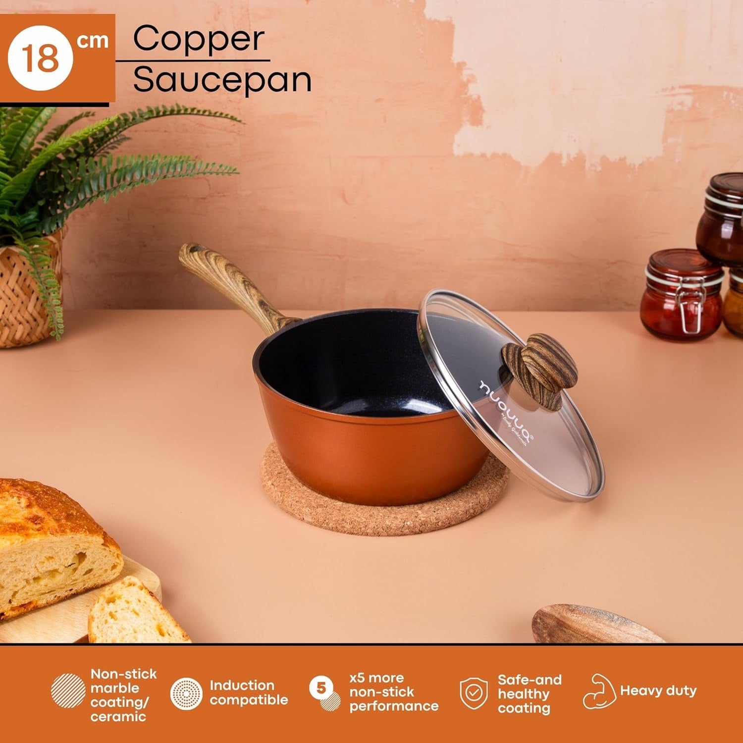 18cm Non-Stick Copper Saucepan with Glass Lid Induction & Gas Ready
