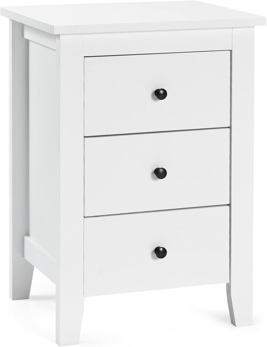 White Wooden Bedside Table with 3 Drawers – Modern Nightstand Storage Unit