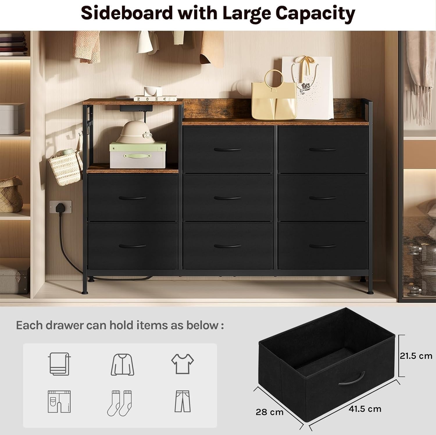 8 Drawer Fabric Chest with USB Ports Power Strip Rustic Black Storage Unit